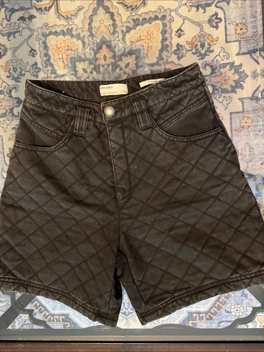 Bershka Black High-Rise Quilted Shorts